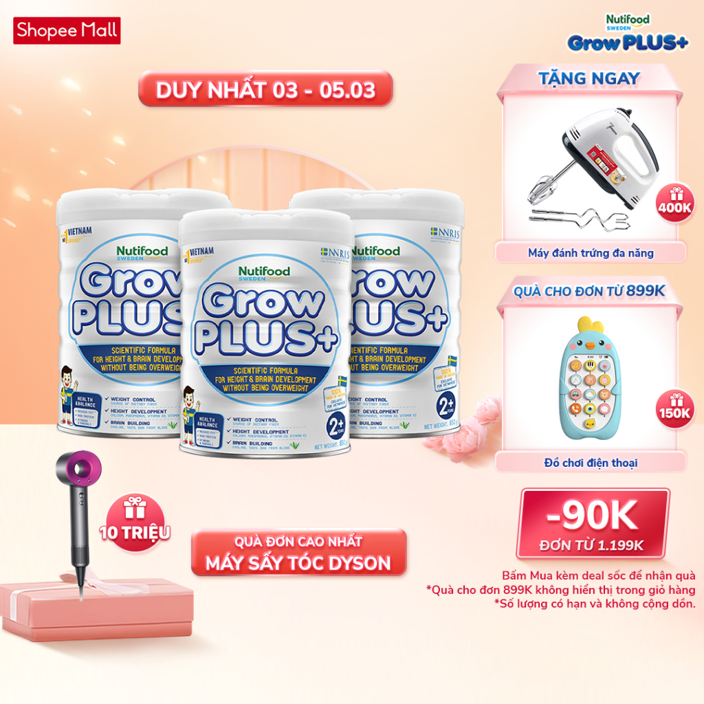 Combo 3 sữa bột GrowPLUS+ - giúp trẻ phát triển chiều cao và não bộ