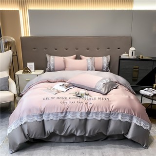 Bộ chăn ga gối phi lụa Celin viền ren cực xinh mềm mại , Bộ 4 món phi lụa chất liệu thoáng mát không nhăn cao cấp