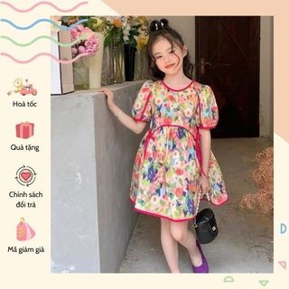 Váy họa tiết hoa nổi bật phối viền nơ đỏ cho bé gái Danchau 219