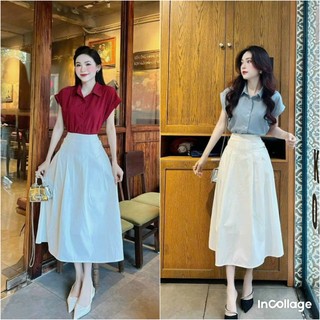 Sét áo sơ mi lụa mix chân váy kaki xòe xếp ly dài trẻ trung xinh xắn