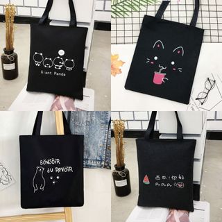 Túi Tote Vải Đen Canvas Đi Học, Đi chơi Unisex Đeo Vai Ullzang Phong Cánh Hàn Quốc Có Khoá Kéo Và Ngăn Nhỏ JeliShop