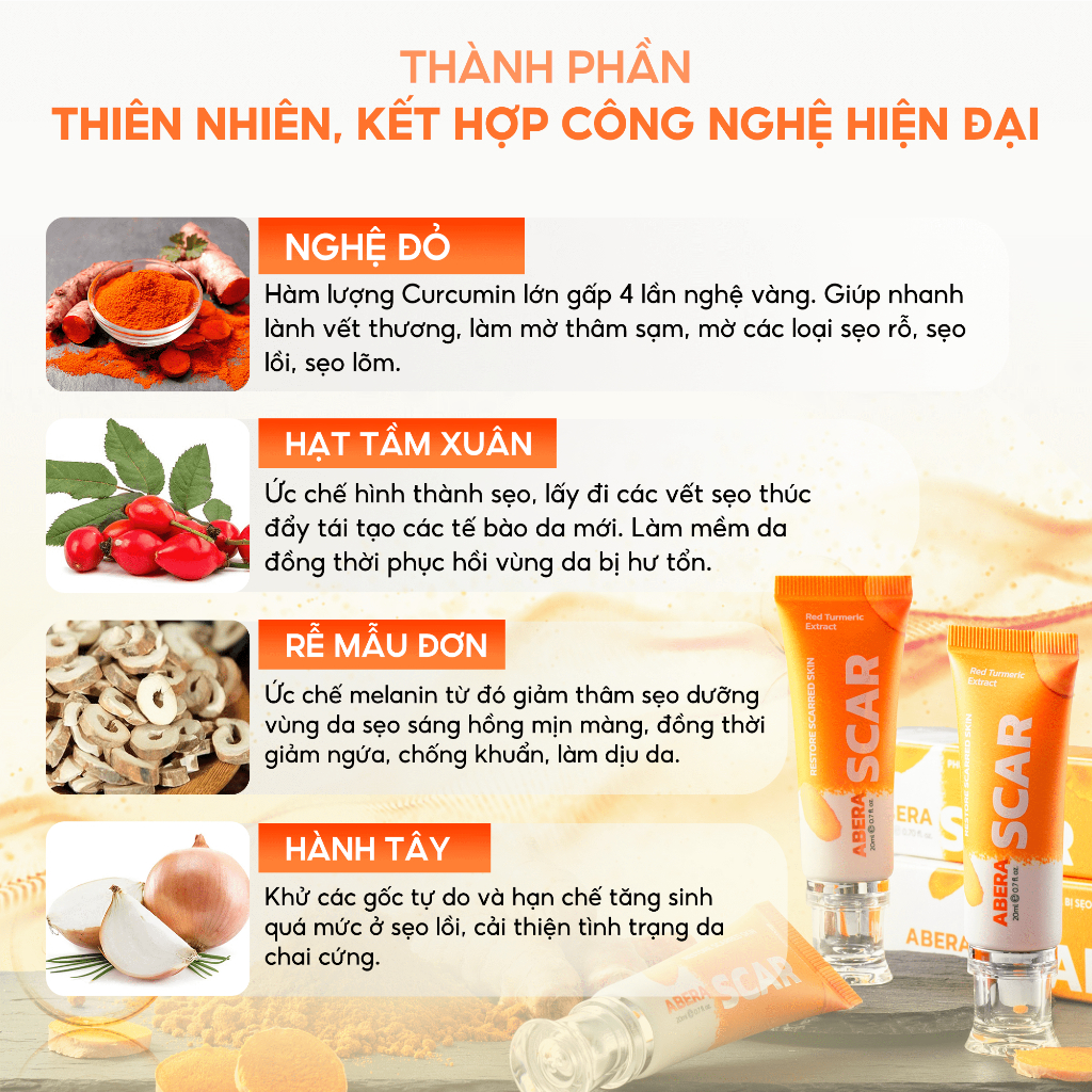[COMBO 2 TUÝP] Kem mờ sẹo, liền sẹo, các loại sẹo lồi, sẹo lõm, sẹo bỏng, sẹo tai nạn - Kem liền sẹo nghệ đỏ Scar Abera