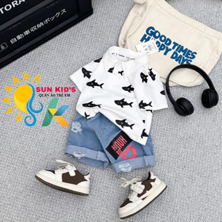  Đồ bộ bé trai - Bộ quần áo bé trai cá mập - Set Áo Polo cotton và quần short jeans rách size từ 9-28 kg - SUN KID'S 