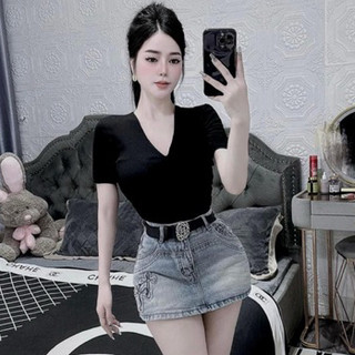 Áo thun zip cộc tay cổ V khoét siêu đẹp dễ mix đồ