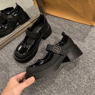 Giày búp bê nữ miu miu gót vuông cao 5cm, lolita nữ đế cao mũi tròn, giày đốc nữ miu Marry Jane da cực mềm