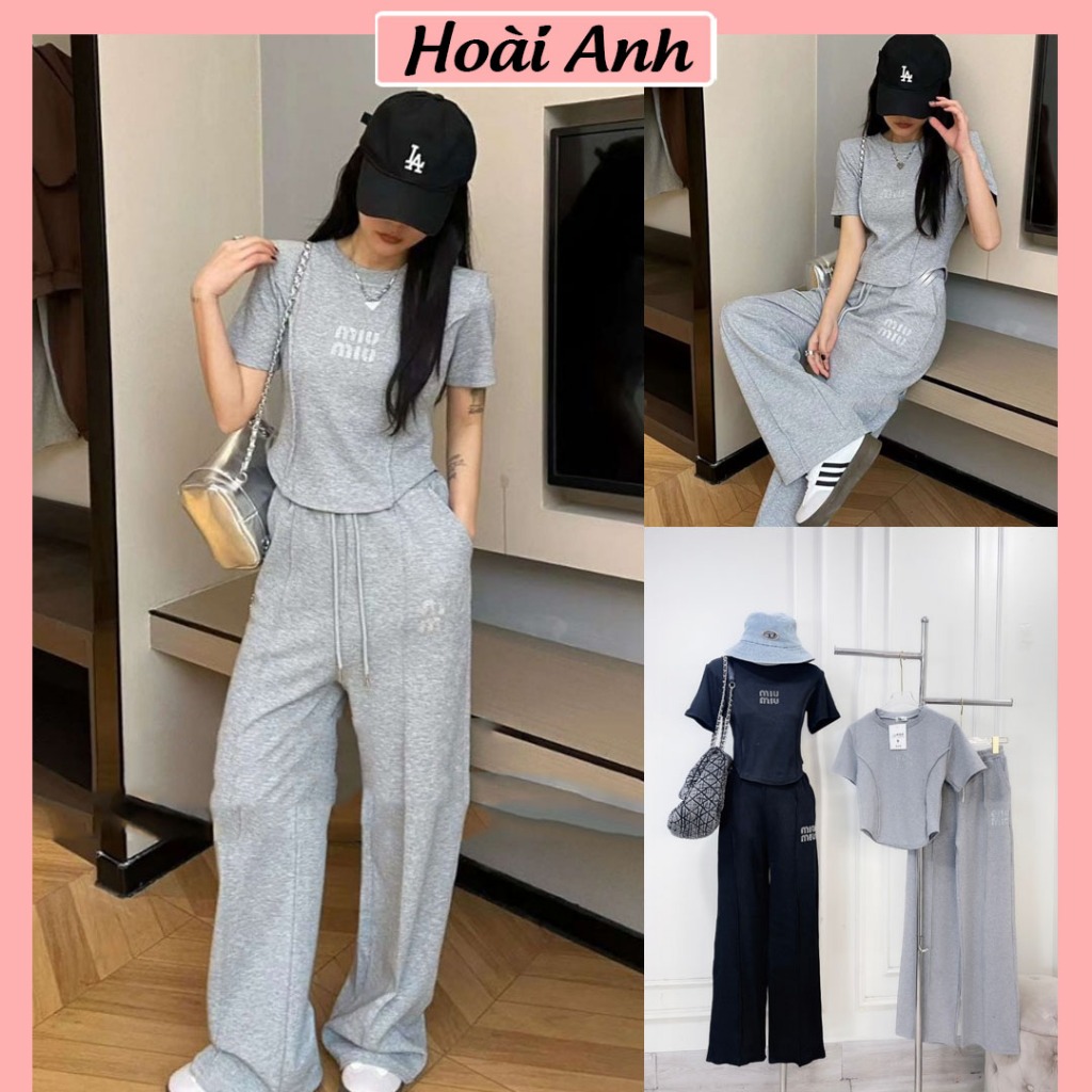 Set Bộ Đồ Nữ Tăm Len Áo Miu Đá Croptop Vạt Bầu Mí Gân Nổi Ngắn Tay Mix Quần Xuông Ống Rộng Freesize