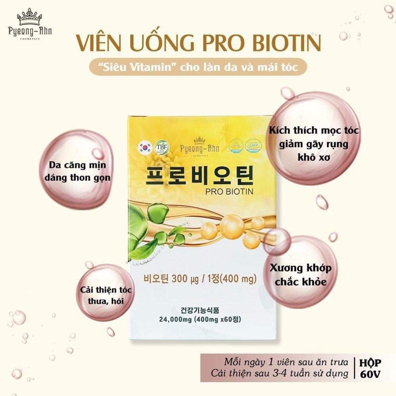 PRO BIOTIN Pyeong ahn Hàn Quốc ( hộp 60 viên) chắc khoẻ của nang tóc, da đầu khoẻ mạnh, chân tóc mọc dày