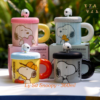 Ly sứ cốc sứ chó snoopy 4 màu dễ thương 360ml kèm nắp silicone, hình thật 100% - ly sứ quà tặng