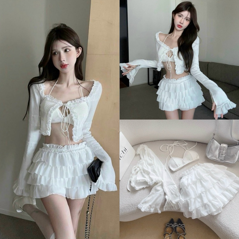 SET 3 MÓN KHOÁC SƠ MI KÈM BRA CỘT NƠ SHORT