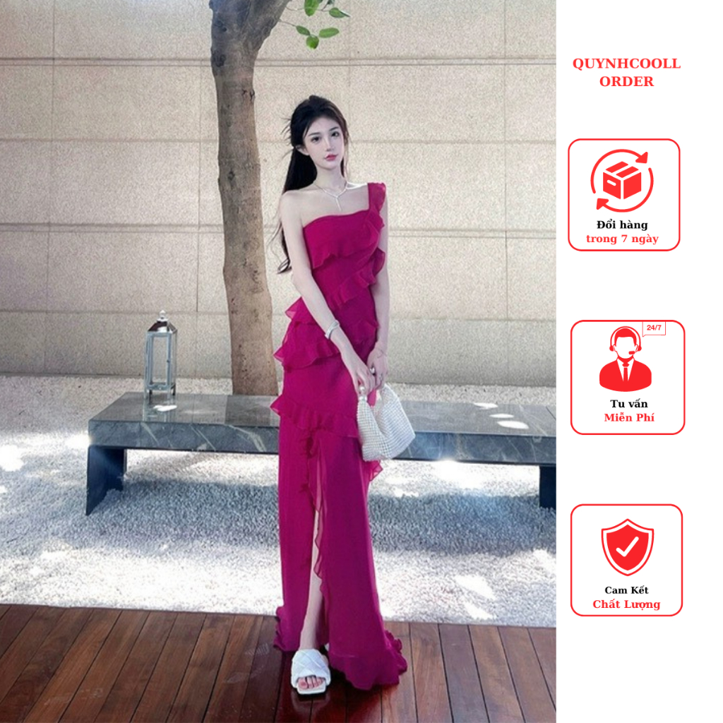 Đầm Maxxi đẹp nhất 2024 cao cấp màu đỏ hồng trắng xếp nếp xẻ tà váy dài thanh lịch cho CityGirl đi biển du lịch
