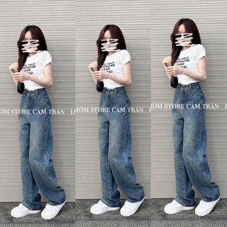 Quần jeans trơn màu đậm đỉa to dáng dài cho Nữ
