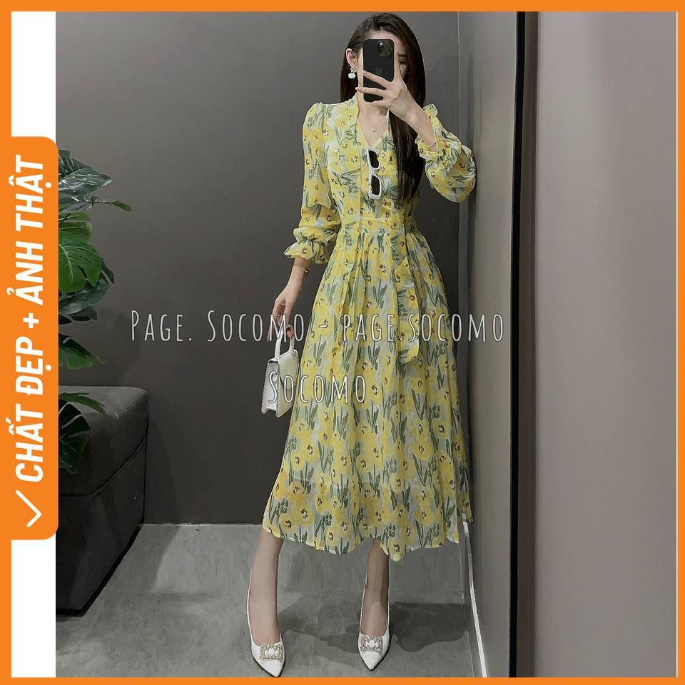 Váy đầm hoa tơ thiết kế buộc nơ cổ Socomo V22024 - Hàng loại 1, chất đẹp - Giá tốt
