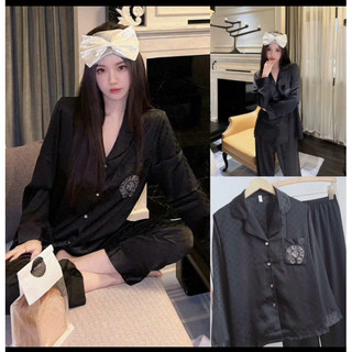 Bộ ngủ mặc nhà pijama lụa cao cấp Quảng Châu tay dài L-V đen