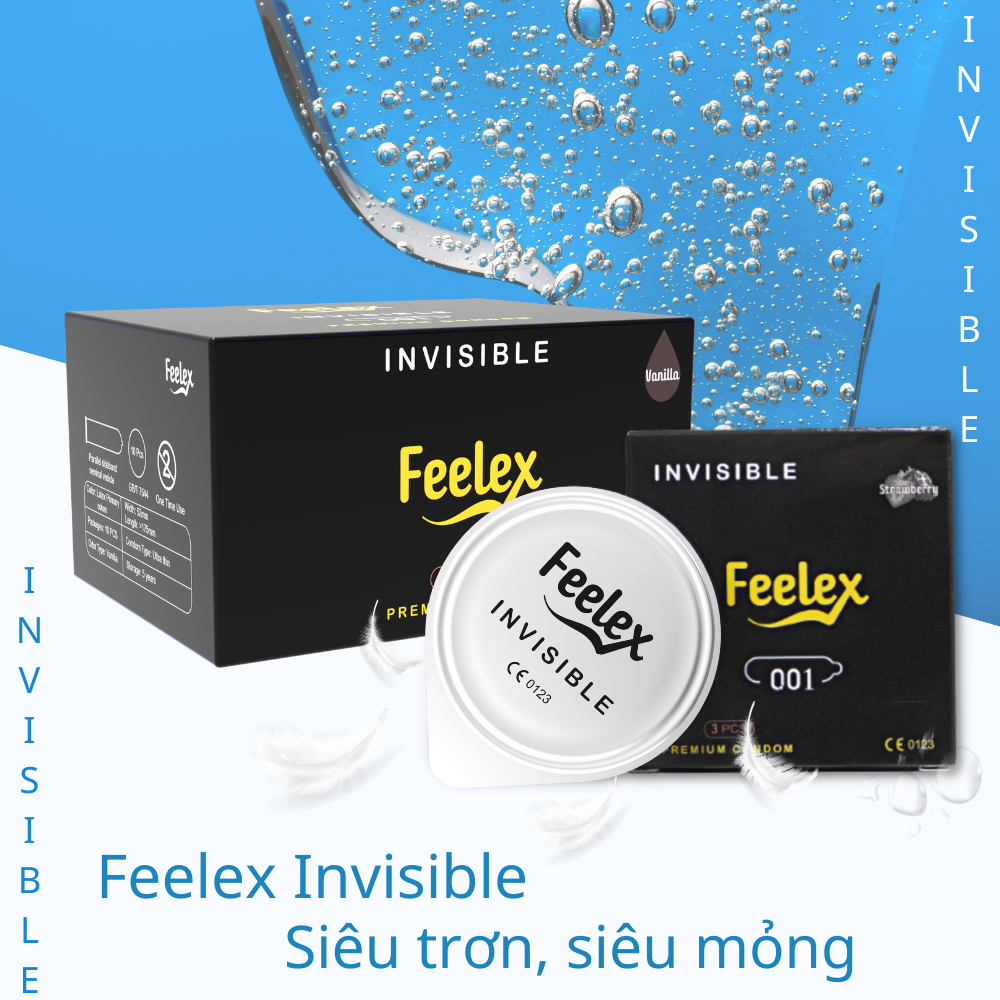 Bao cao su Feelex siêu mỏng, gân gai, nhiều gel bôi trơn - Hộp 10 chiếc