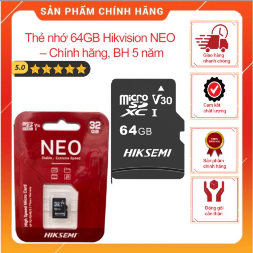 Thẻ nhớ 32GB 64GB microSD Hikvision-Hiksemi tốc độ 92MB/S class 10, thẻ nhớ 64GB microSD cho camera - Hàng chính hãng đỏ