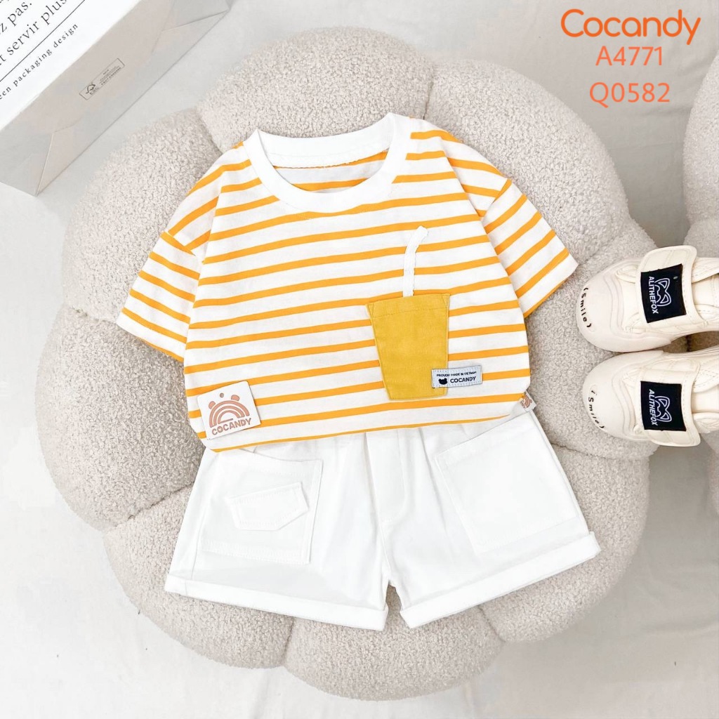Set đồ cho bé -Áo cộc kẻ VÀNG ngực túi ly VÀNG và Quần cộc VÀNG trơn cho bé của COCANDY mã A1961,Q0861,A4771
