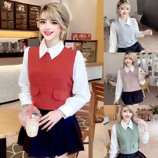 Áo sơ mi nữ tay dày phối gile kiểu áo len thu đông