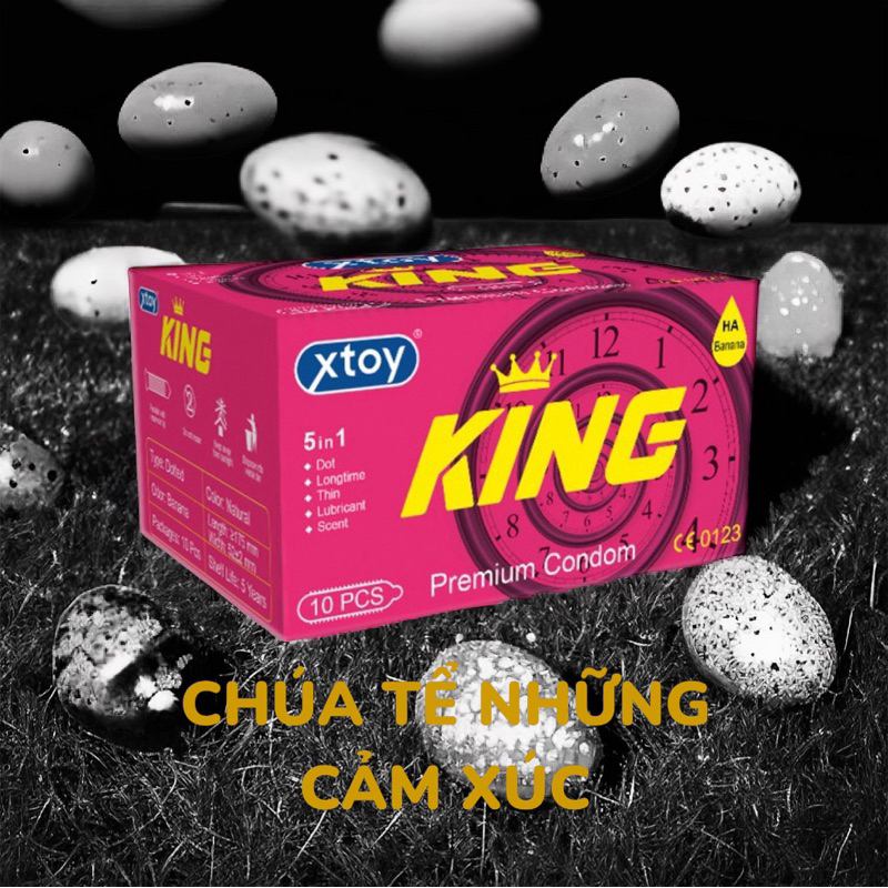 Bao cao su gai XTOY King 5in1, cuộc yêu lâu dài, gân gai, nhiều gel bôi trơn - Hộp 10 bcs