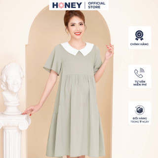 Váy bầu thời trang công sở dáng babydoll cổ peter pan tay ngắn - Thời trang đầm bầu cao cấp HONEY