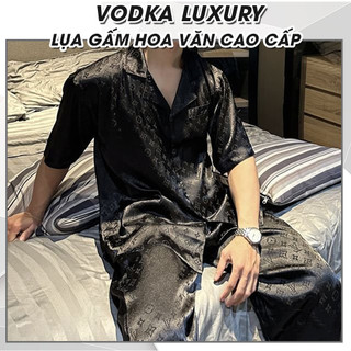 Đồ bộ nam piijama nam ngắn tay mùa hè lụa gấm mềm mại hoa văn màu đen sang chảnh LV34- Vodka Luxury