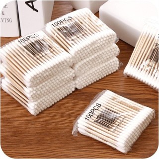Túi 100 Que Tăm bông ngoáy tai thân gỗ 100% bông cotton tự nhiên