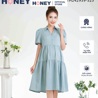 Váy bầu thời trang công sở dáng babydoll cổ sơ mi tay ngắn - Thời trang đầm bầu cao cấp HONEY