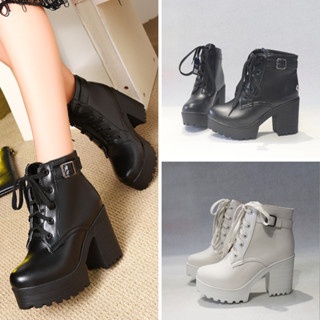 Giày boot nữ cổ ngắn CỘT DÂY màu đen, trắng ĐẾ TO cao 9cm mang CHẮC CHÂN, TÔN DÁNG GBN163