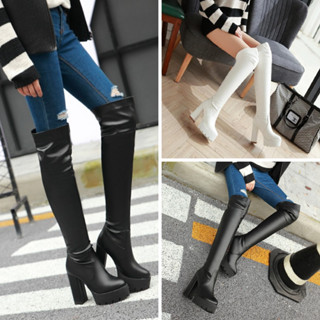 Giày boot nữ cổ cao ngang đùi KHÔNG KHOÁ KÉO, GÓT VUÔNG 12CM, đế đúp CHẮC CHÂN màu đen, trắng boot cho dancer GCC61