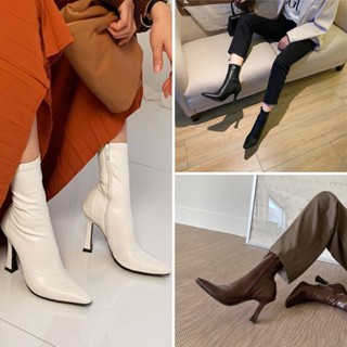 Giày boot da nữ cổ lửng ÔM CHÂN chất da Pu gót nhỏ cao 8cm mũi vuông màu đen, kem, nâu GBN97