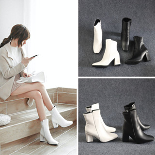 [ Video+ ảnh thật] Giày boot nữ cổ lửng 2 màu đen, trắng GÓT VUÔNG 7CM, MŨI VUÔNG  thời thượng GBN08