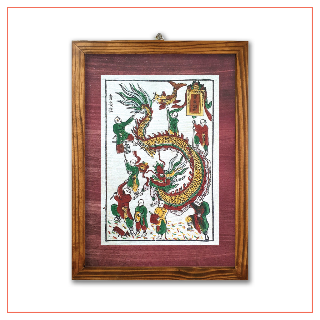 Tranh Đông Hồ Rước rồng ngày Tết (Múa rồng) lồng khung gỗ 30x40 - chỉ giao hoả tốc Hà Nội