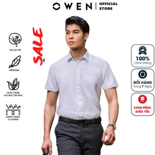 Áo sơ mi trắng nam ngắn tay OWEN somi công sở vải sợi sồi cao cấp màu trắng trơn dáng suông tà bằng hoặc tà lượn có túi