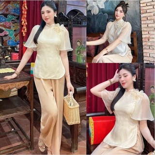 Sét bộ đồ lam,pháp phục bà ba đi chùa vải voan tơ kèm quần lụa cao cấp ,đơn giản thanh lich