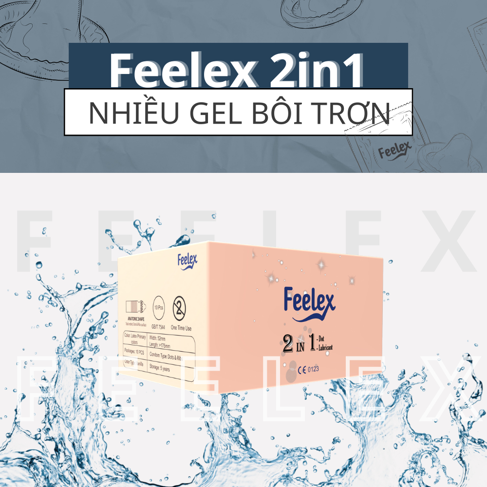 Bao cao su gai Feelex 2 in 1 nhiều gân gai và gel bôi trơn, mỏng hàng cao cấp hộp 10 bao