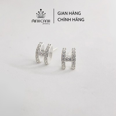 Bông Tai Bạc Chữ H Phồng Đính Đá - Minh Canh Jewelry