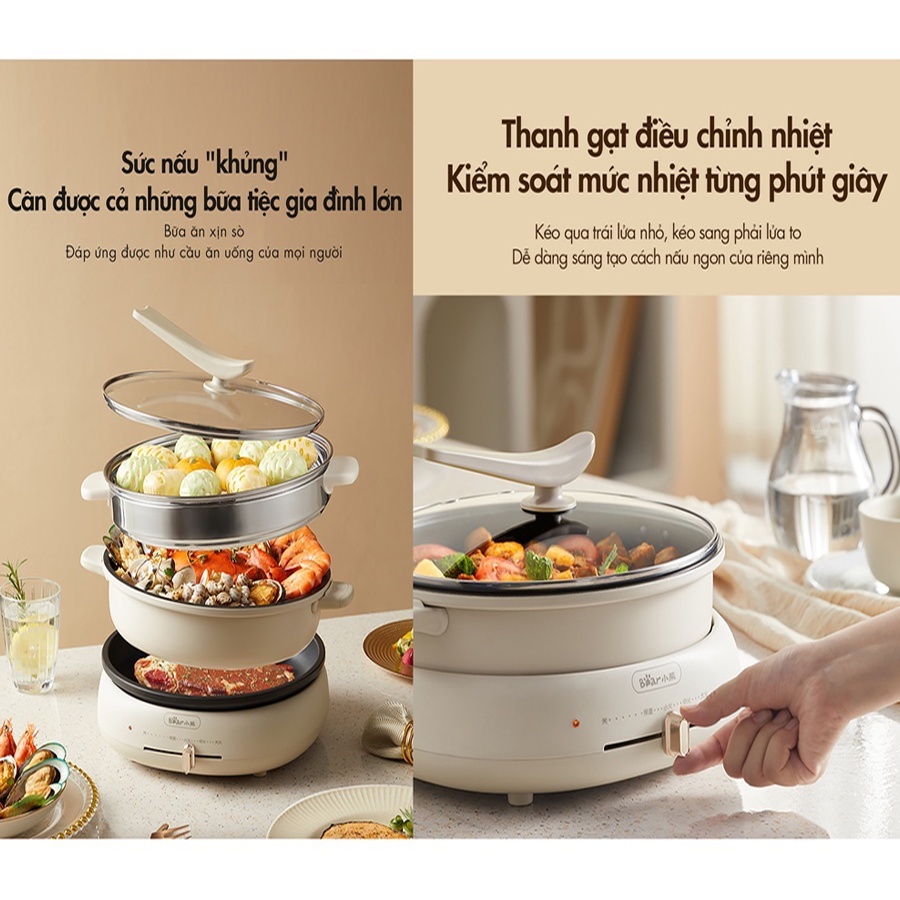 Nồi lẩu điện đa năng chiên xào lẩu hấp 4L Bear DHG-C40W2 1500W,Nồi điện đa năng kèm chảo điện khay hấp.
