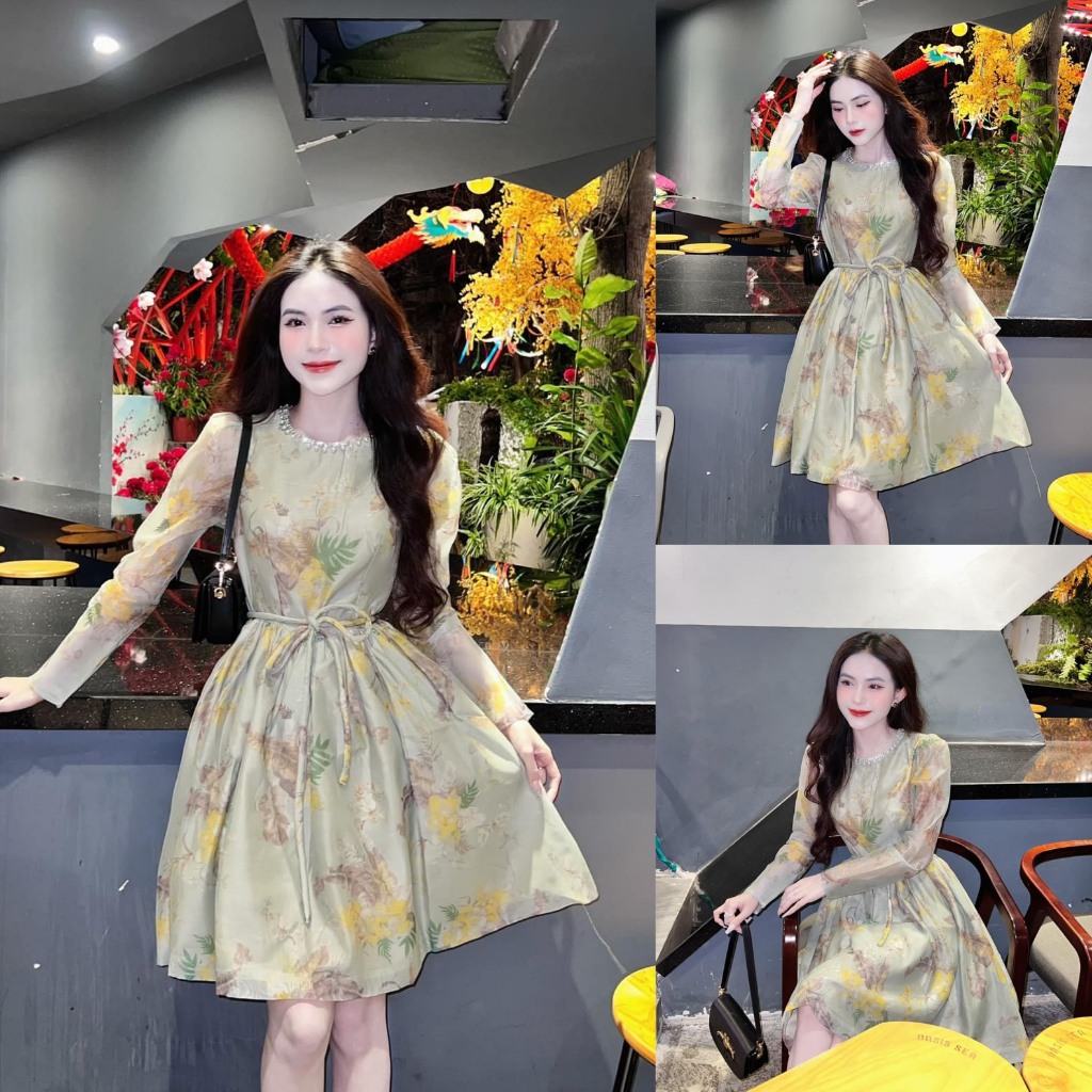 Đầm váy nữ cổ đính đá tay dài eo thắt nơ from dáng xòe họa tiết hoa lá xinh xắn, sang chảnh phù hợp cho quý cô dự tiệc