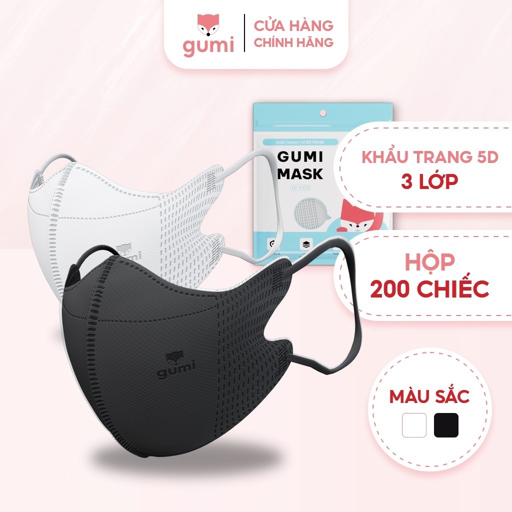 Khẩu trang 5D Gumi kháng khuẩn 5D Mask kháng bụi mịn, kháng giọt bắn hộp 200 TRẮNG, 200 ĐEN