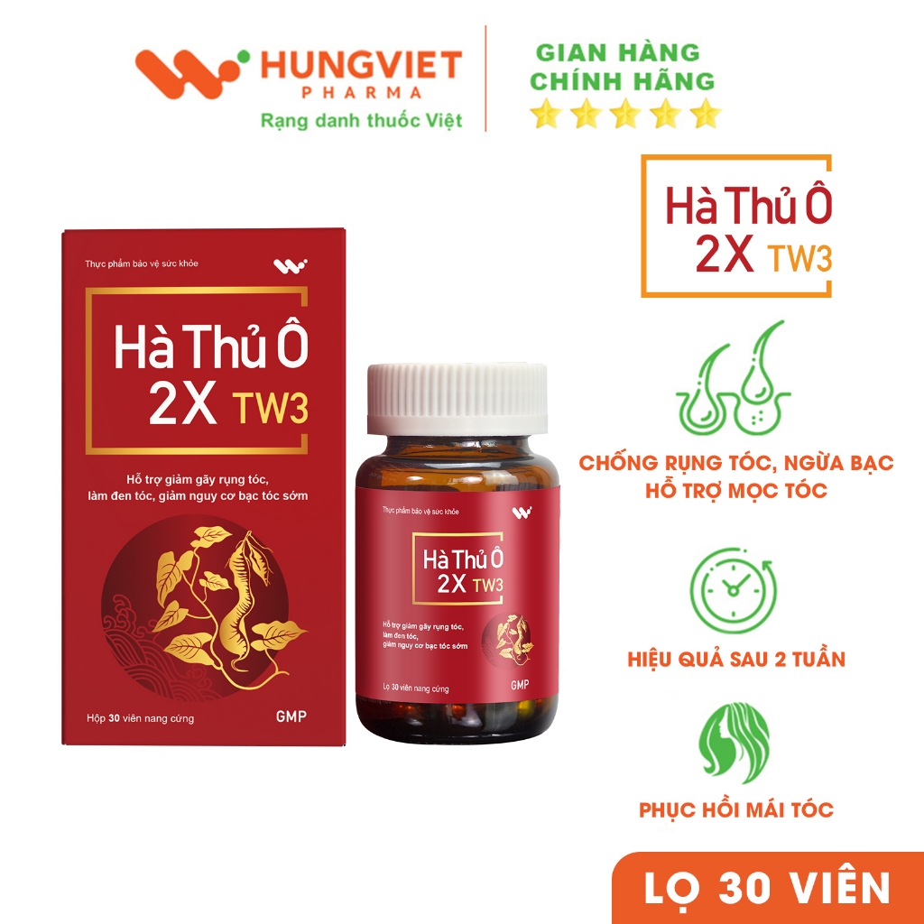 Viên uống HÀ THỦ Ô 2X TW3 - Hỗ trợ giảm nguy cơ tóc bạc sớm, ngăn rụng tóc HungViet Pharma lọ 30v
