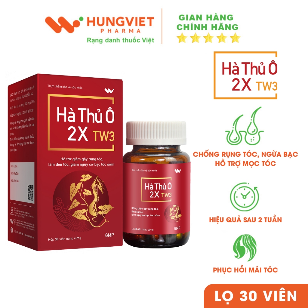 Viên uống HÀ THỦ Ô 2X TW3 - Hỗ trợ giảm nguy cơ tóc bạc sớm, ngăn rụng tóc HungViet Pharma lọ 30v