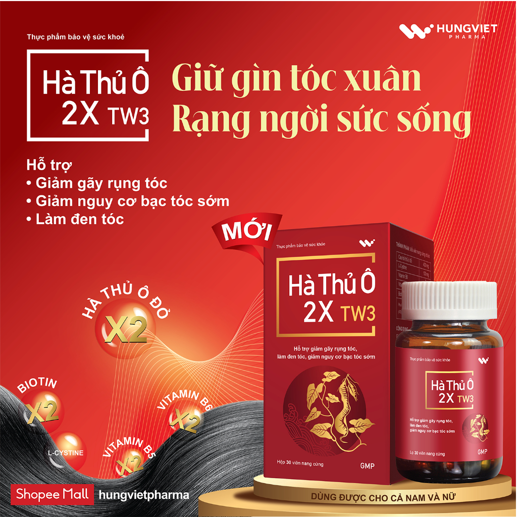 Viên uống HÀ THỦ Ô 2X TW3 - Hỗ trợ giảm nguy cơ tóc bạc sớm, ngăn rụng tóc HungViet Pharma lọ 30v