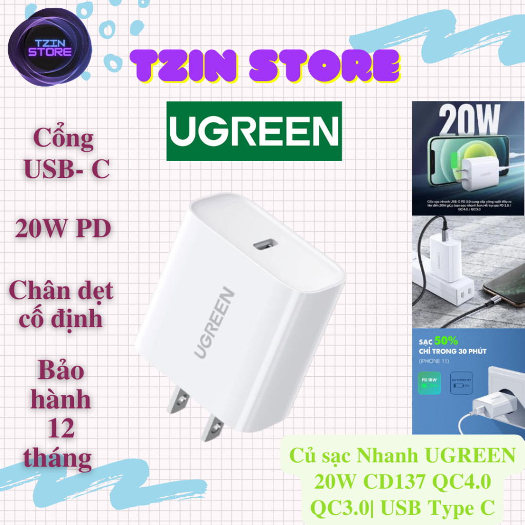 Củ sạc Nhanh UGREEN 20W CD137 1 cổng USB Type C chân dẹt New fullbox