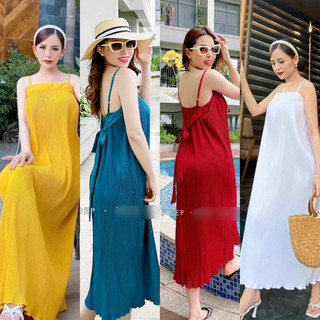 Đầm maxi đi biển -Váy hai dây dập ly cột nơ vai siêu hot hè ảnh thật