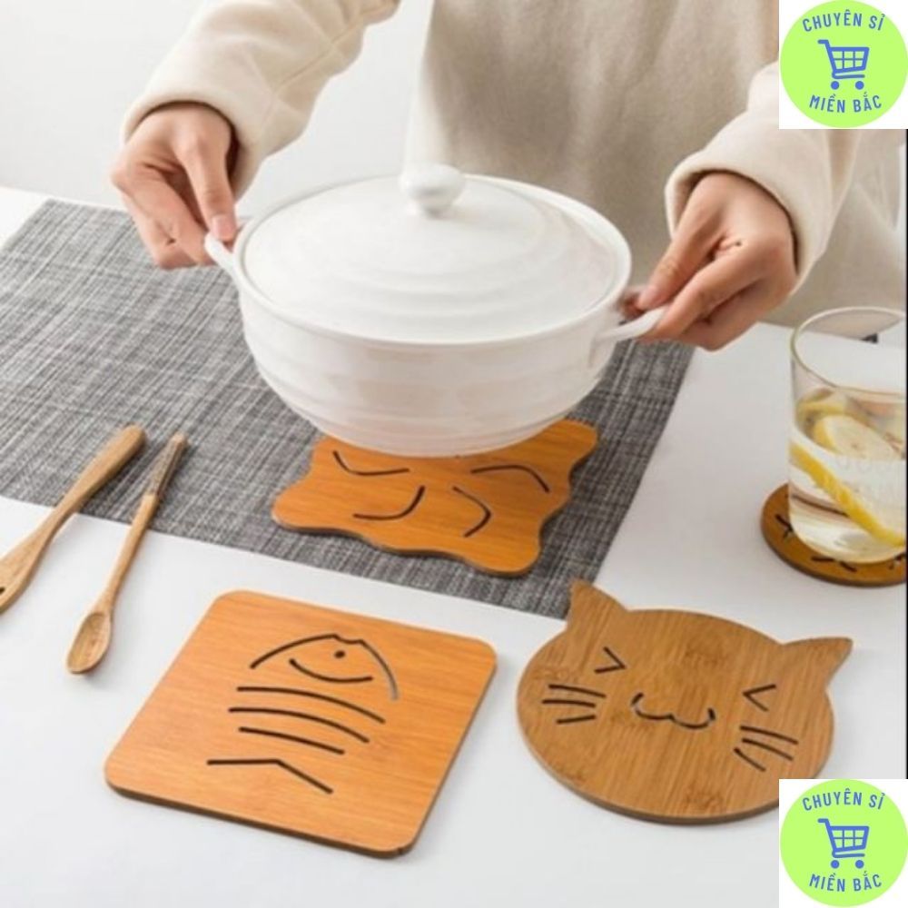 Miếng lót nồi bằng gỗ cách nhiệt hình thú, tấm nót lồi để bàn dễ thương