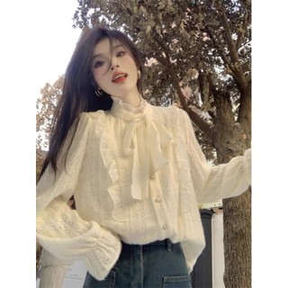 (ORDER) Áo sơ mi ren trắng dài tay form thụng cổ thắt nơ điệu đà sang chảnh hàng Quảng Châu loại 1