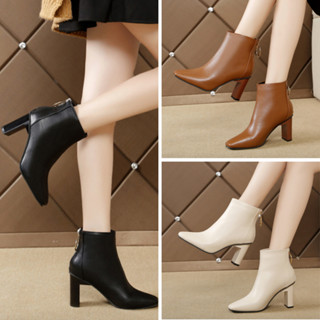 Giày boot nữ cổ ngắn cao gót 7cm MŨI VUÔNG sành điệu màu đen, kem, nâu, khuy cài  khoen tròn vàng XINH XẮN GBN82