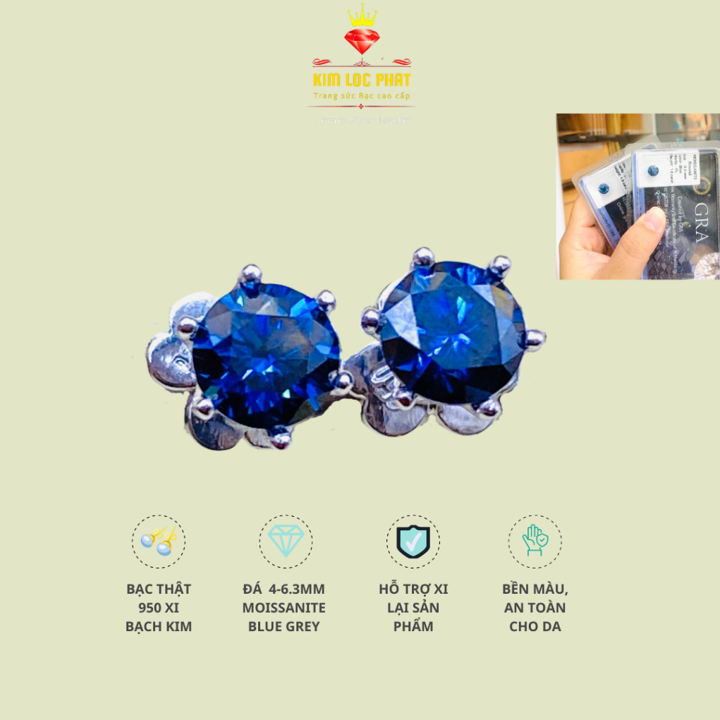 Bông tai bạc xi bạch kim moissanite 58 giác cắt màu blue từ 4mm- 6.3mm, Khuyên tai bạc Kim cương nhân tạo moissanite