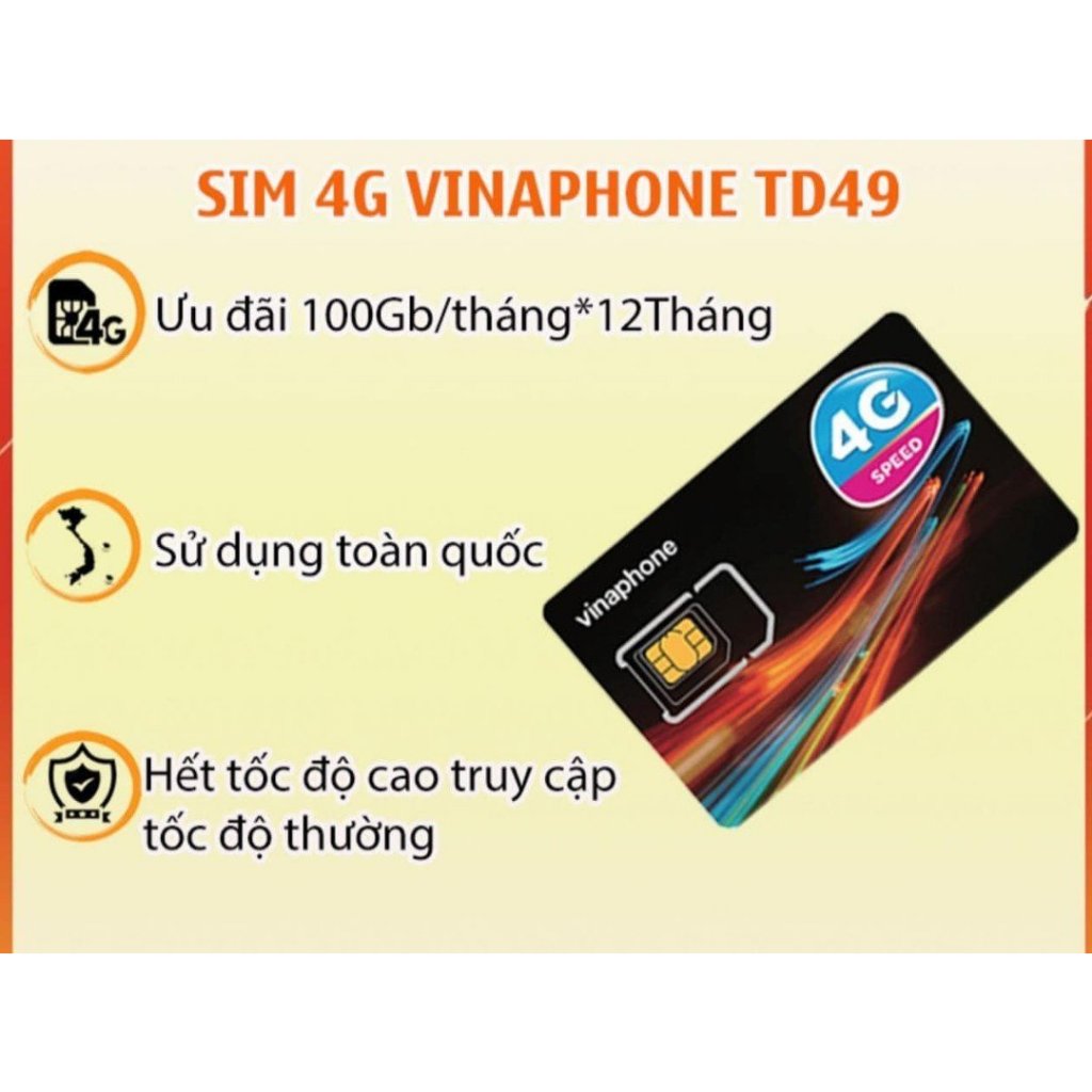 Sim 4G Vinaphone trọn gói 12 tháng TD49 100GB /1 Tháng Data free