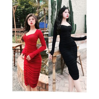 D16 - Đầm Body Nhún Nhũ Đnh Nút Vai - Hà Bò Brand