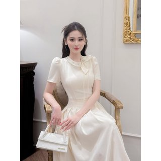 Váy Đầm Nữ MOO FASHION DESIGN Kem Sáng Cổ Đính Đá Dáng A Chiết Eo